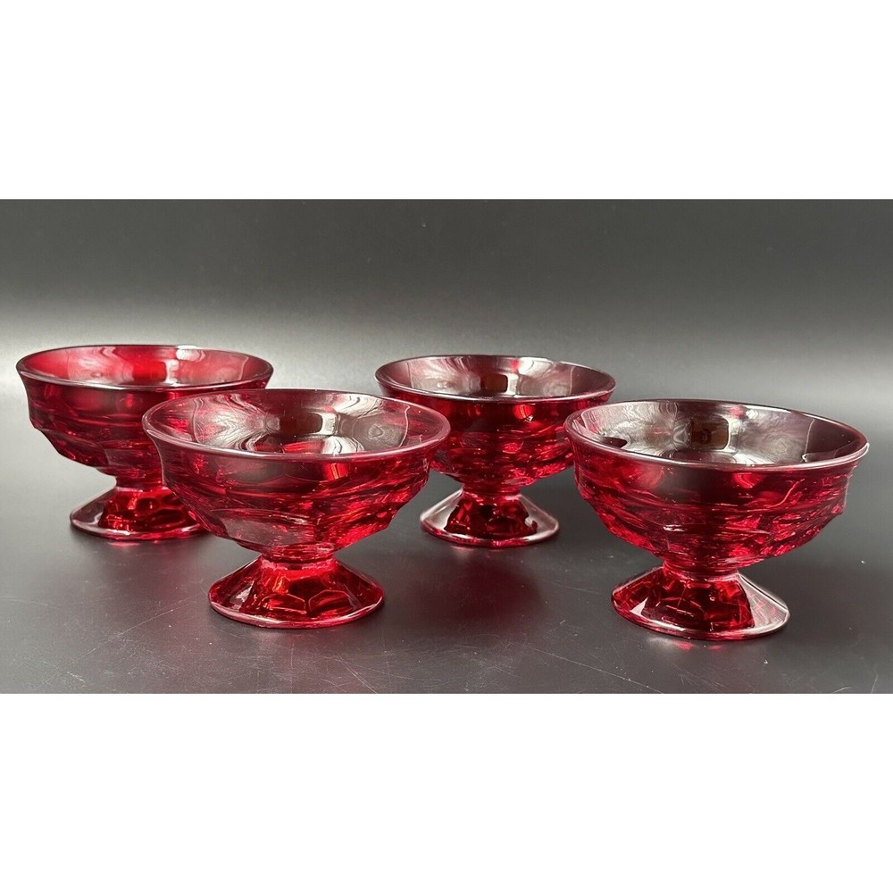Vintage Viking Red Georgian Honeycomb Footed Sherbet Glass Dessert Bowls (4)